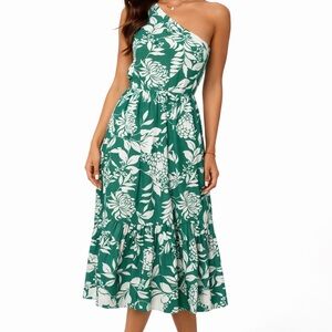 Adrianna Papell Green and White One-Shoulder Floral Midi Dress